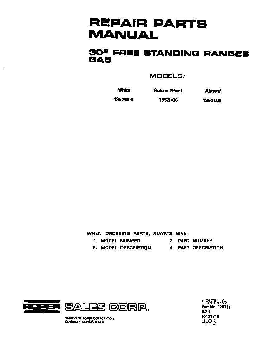 Roper 1352W06 front cover diagram