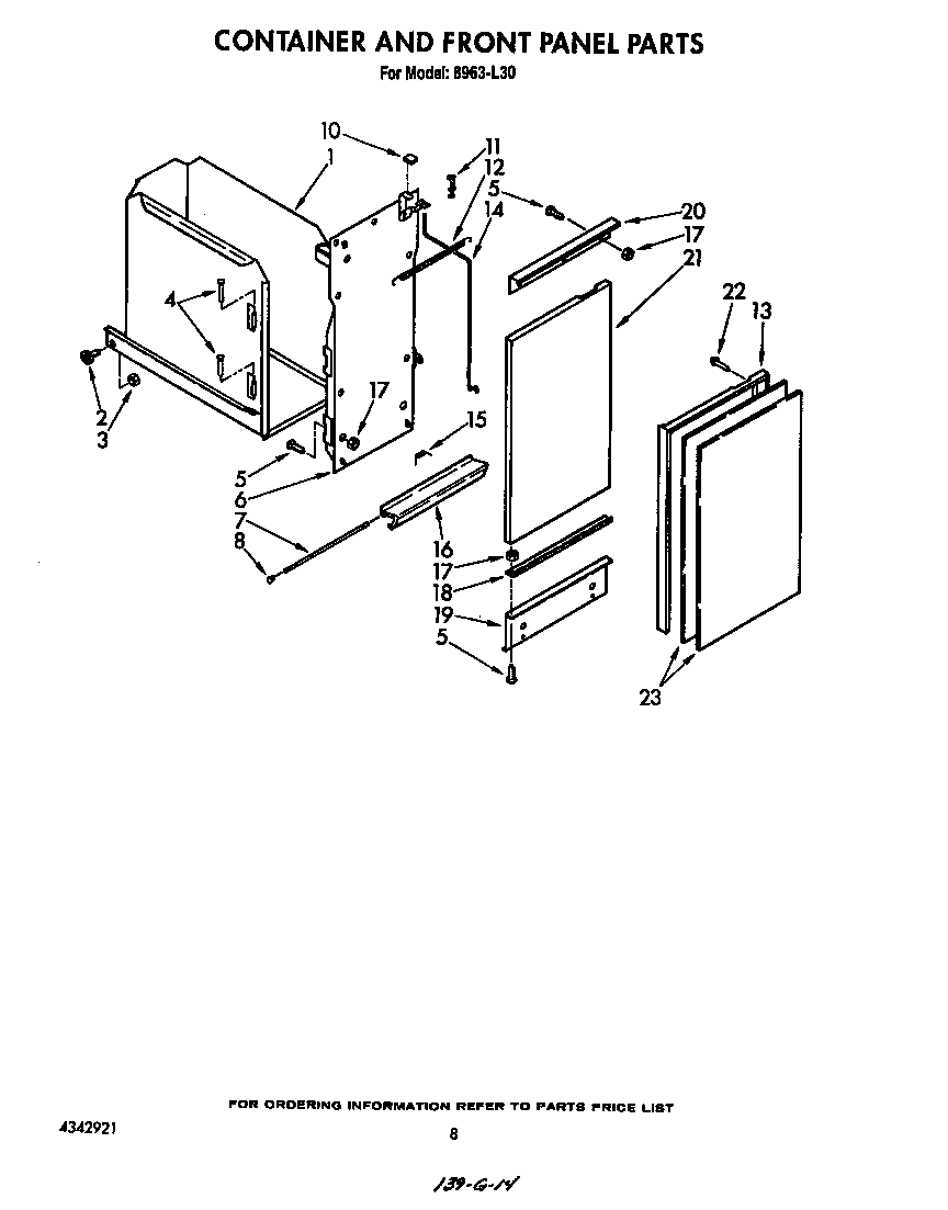 Roper 8963L30 container and front panel diagram