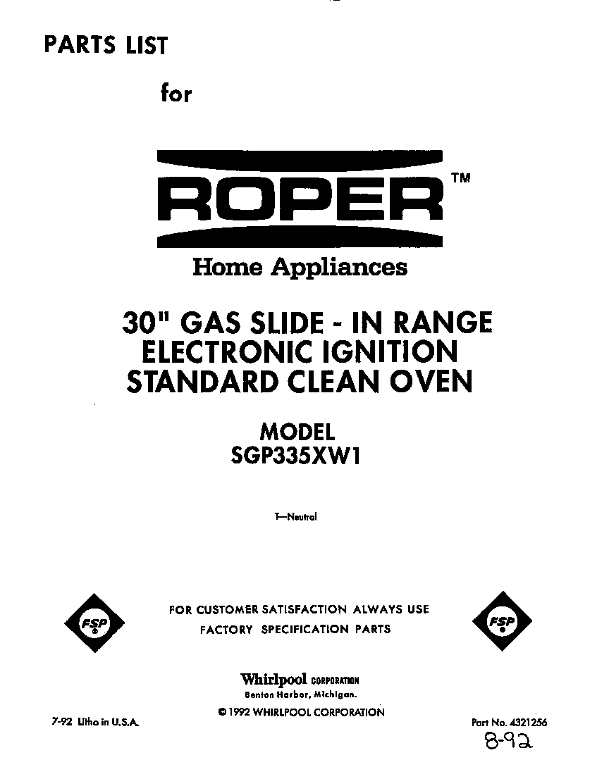 Roper SGP335XW1 front cover diagram