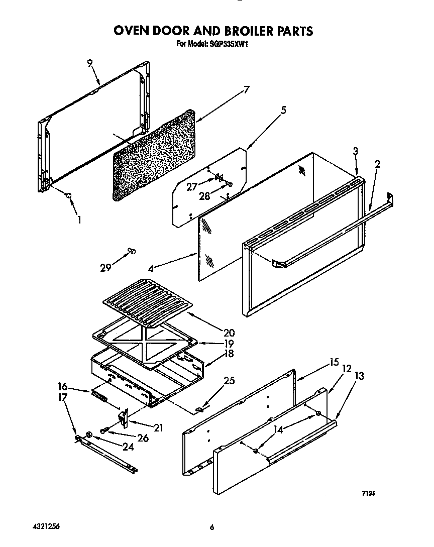 Roper SGP335XW1 oven door and broiler diagram