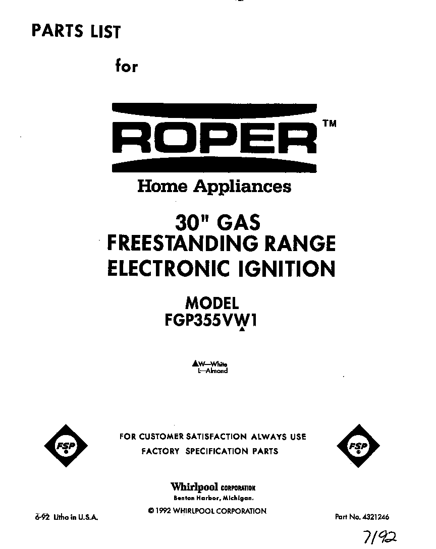 Roper FGP355VW1 front cover diagram