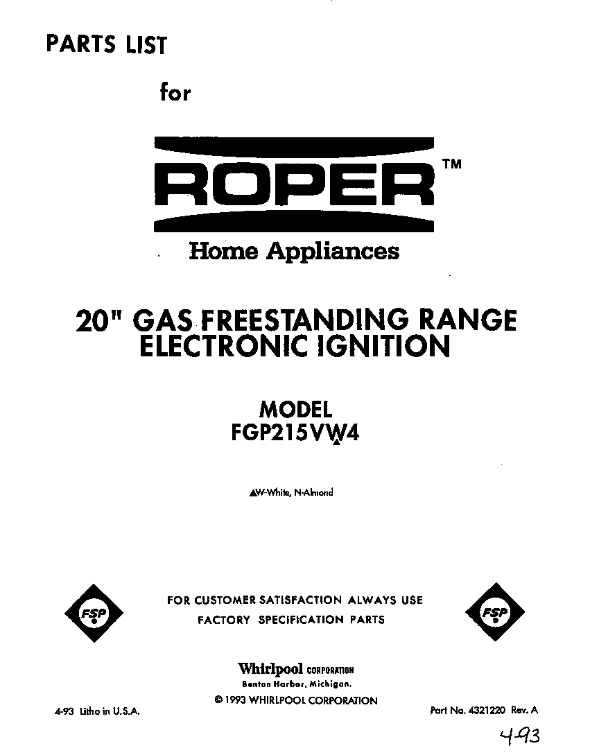 Roper FGP215VW4 front cover diagram