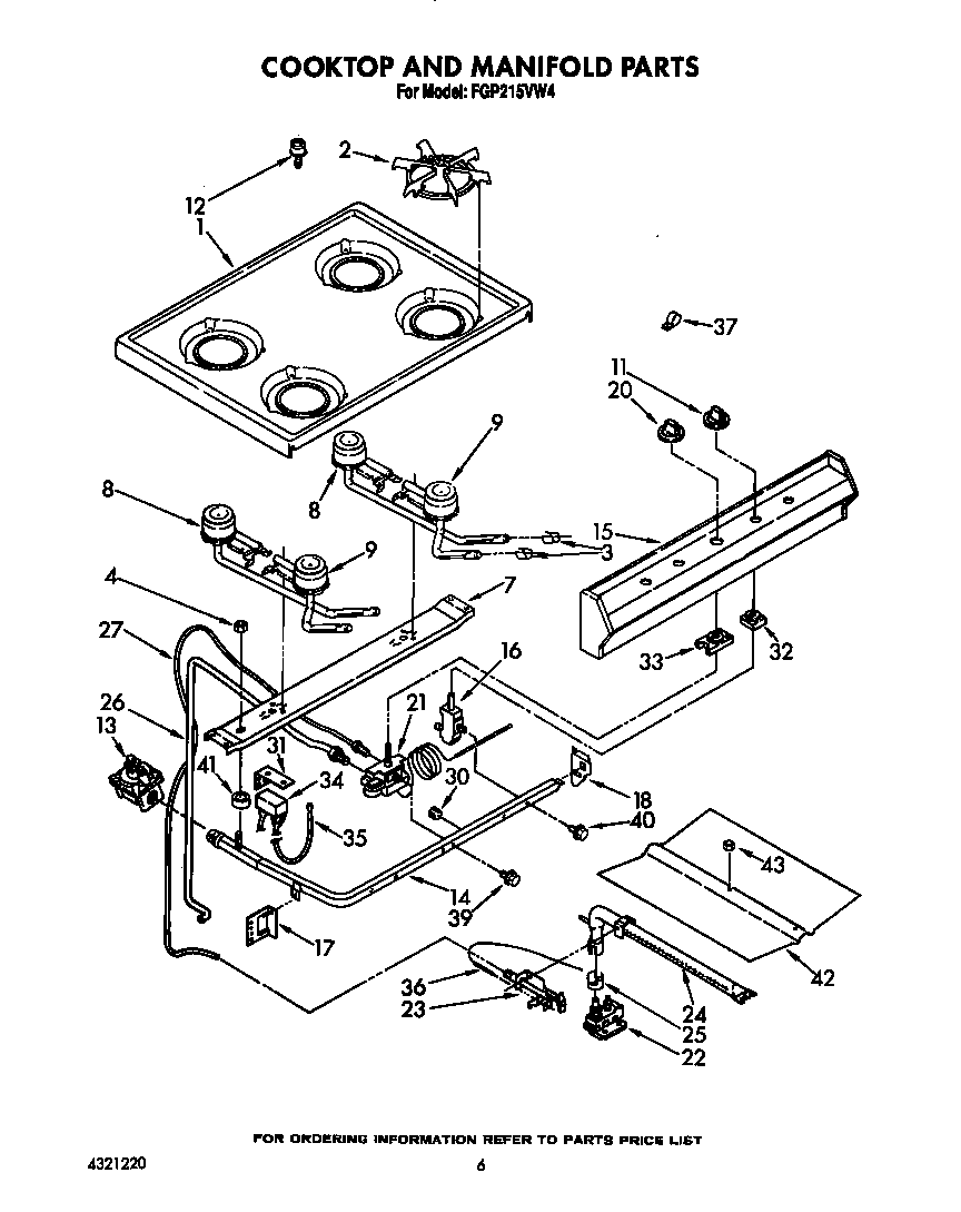 Roper FGP215VW4 cooktop and manifold diagram
