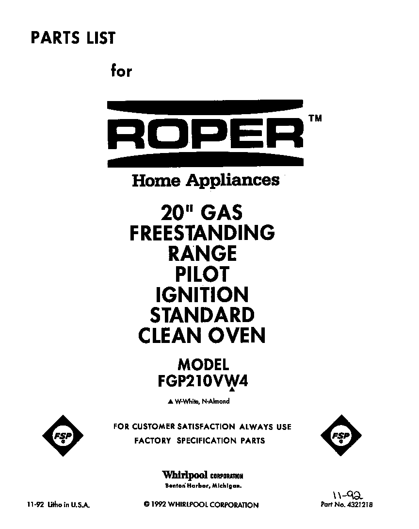 Roper FGP210VW4 front cover diagram