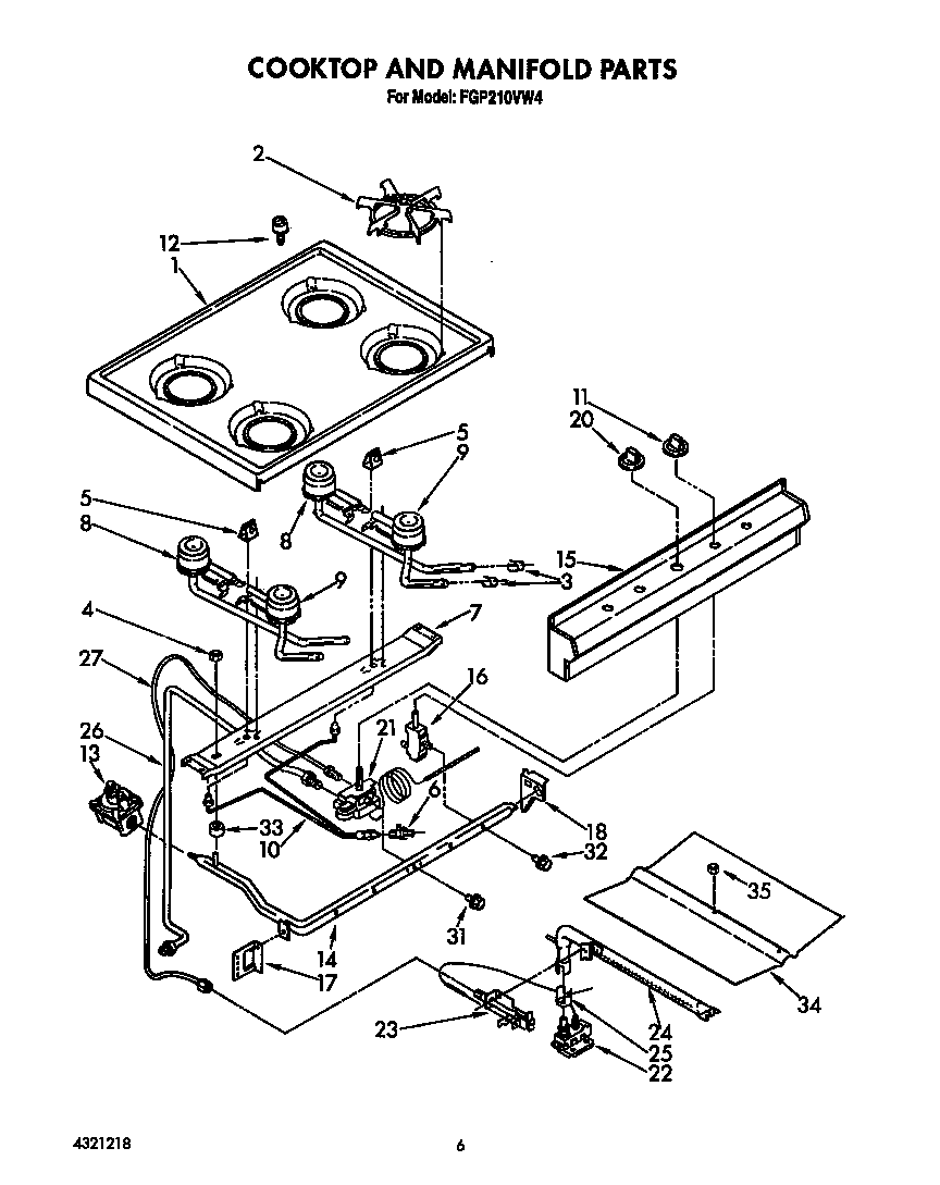 Roper FGP210VW4 cooktop and manifold diagram