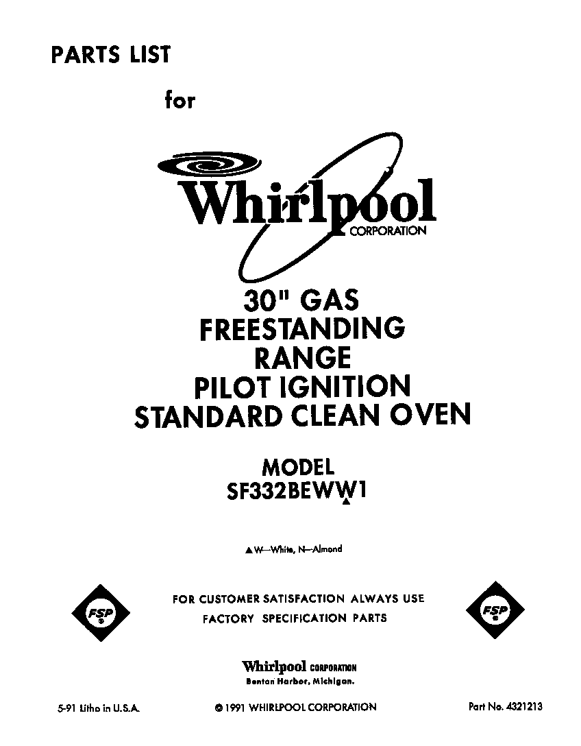 Whirlpool SF332BEWW1 front cover diagram