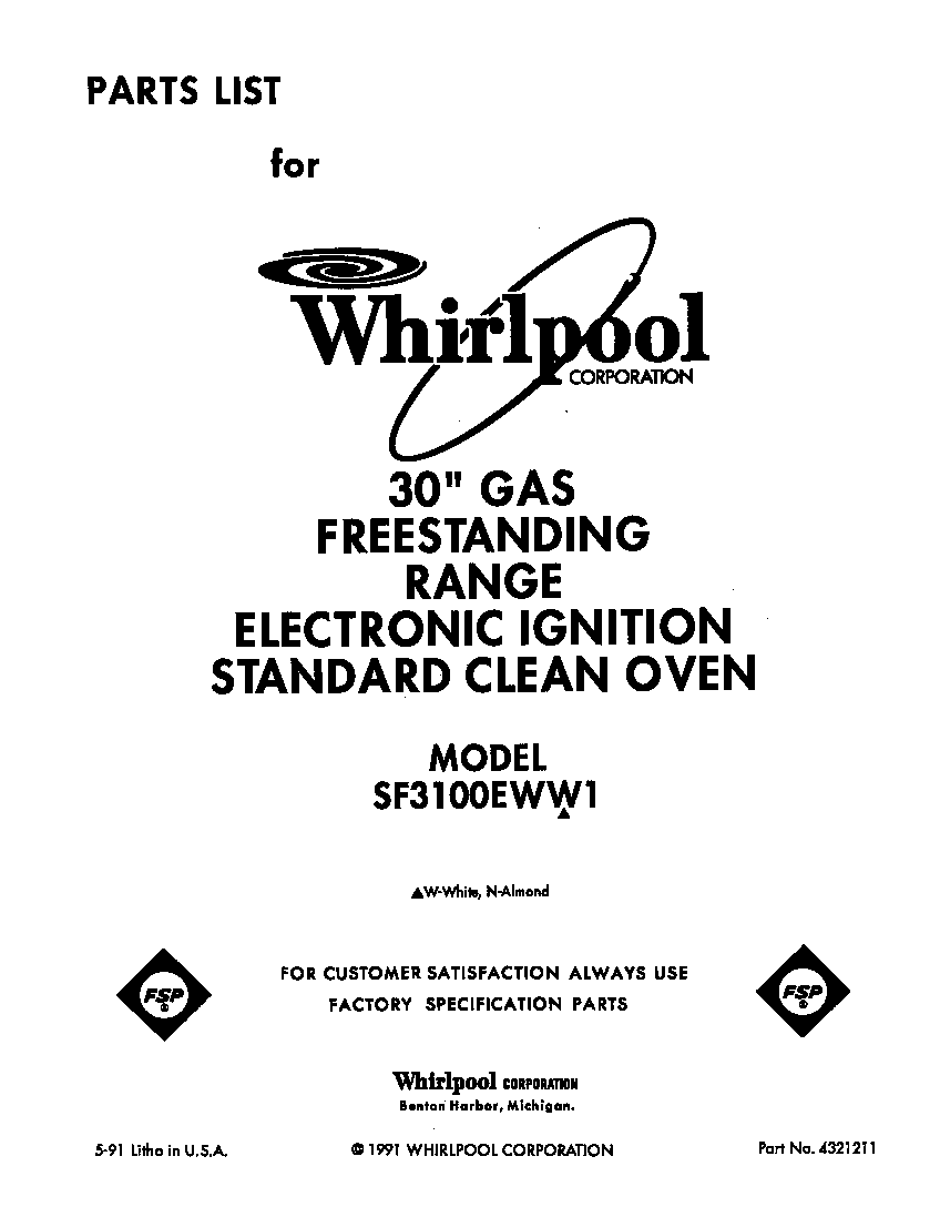 Whirlpool SF3100EWW1 front cover diagram