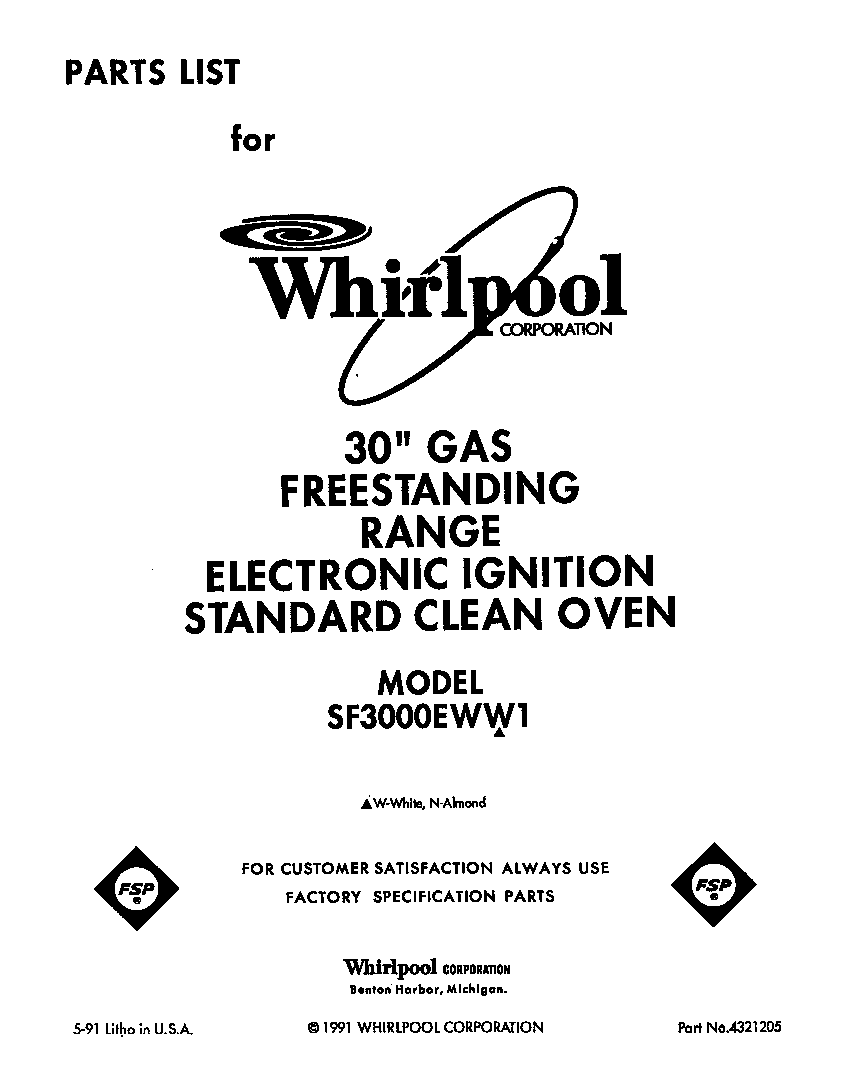 Whirlpool SF3000EWW1 front cover diagram