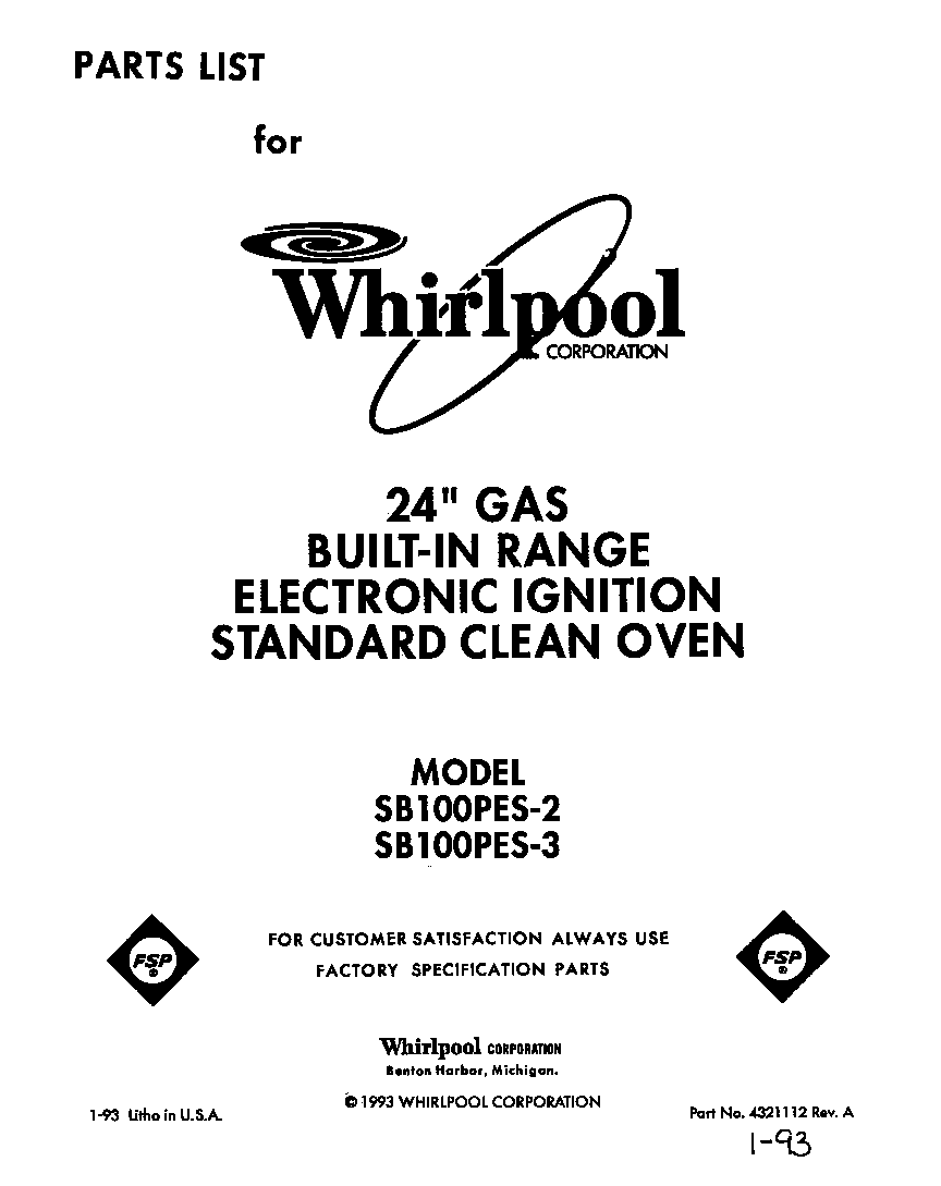 Whirlpool SB100PES2 front cover diagram