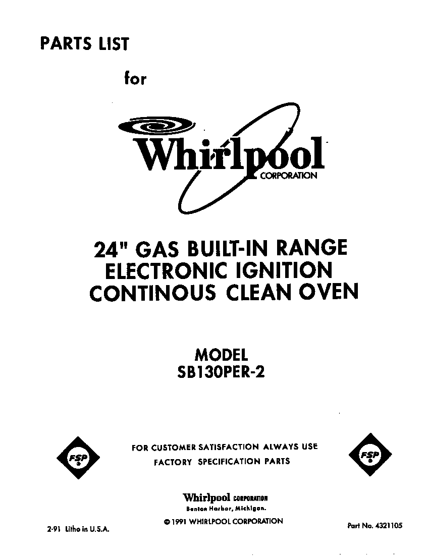 Whirlpool SB130PER2 front cover diagram