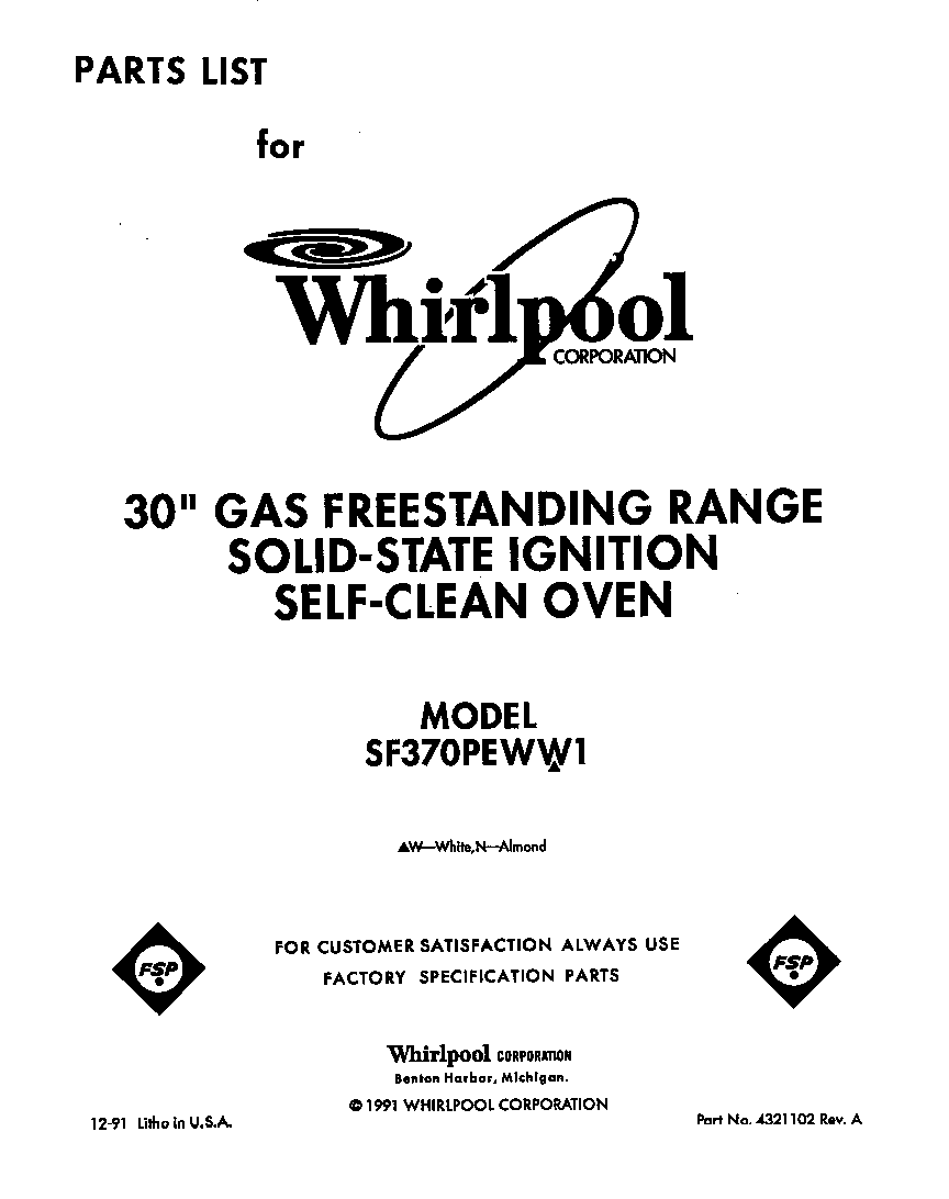 Whirlpool SF370PEWW1 front cover diagram