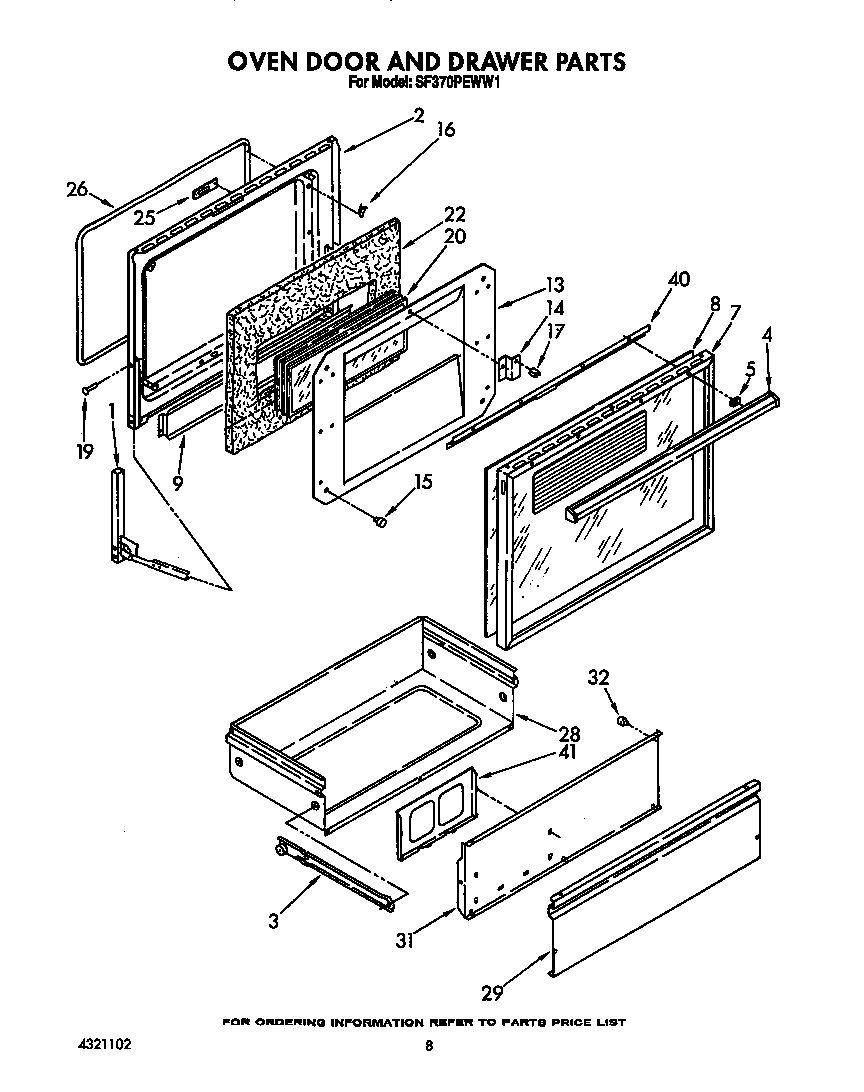 Whirlpool SF370PEWW1 oven door and drawer diagram
