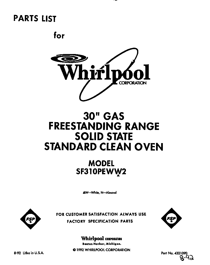Whirlpool SF310PEWW2 front cover diagram