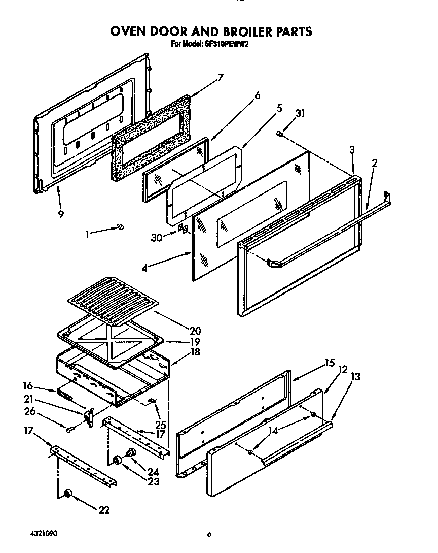 Whirlpool SF310PEWW2 oven door and broiler diagram