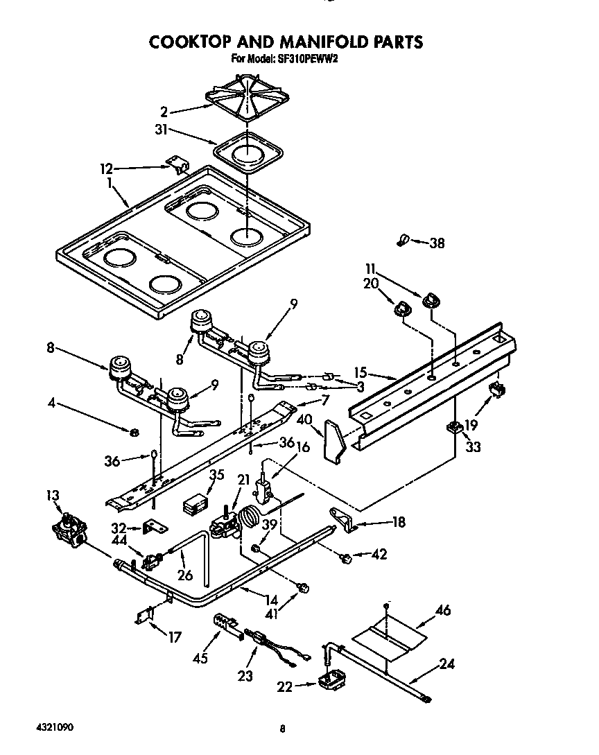 Whirlpool SF310PEWW2 cooktop and manifold diagram