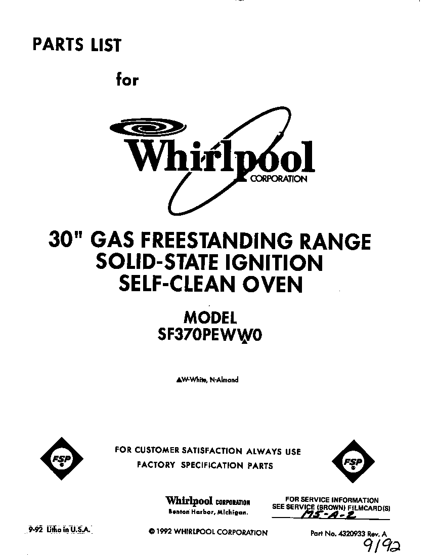 Whirlpool SF370PEWW0 front cover diagram