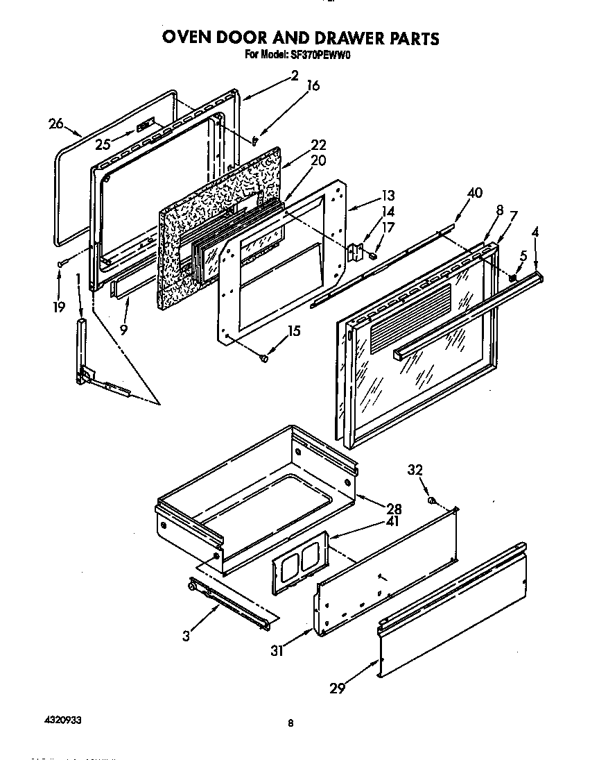Whirlpool SF370PEWW0 oven door and drawer diagram
