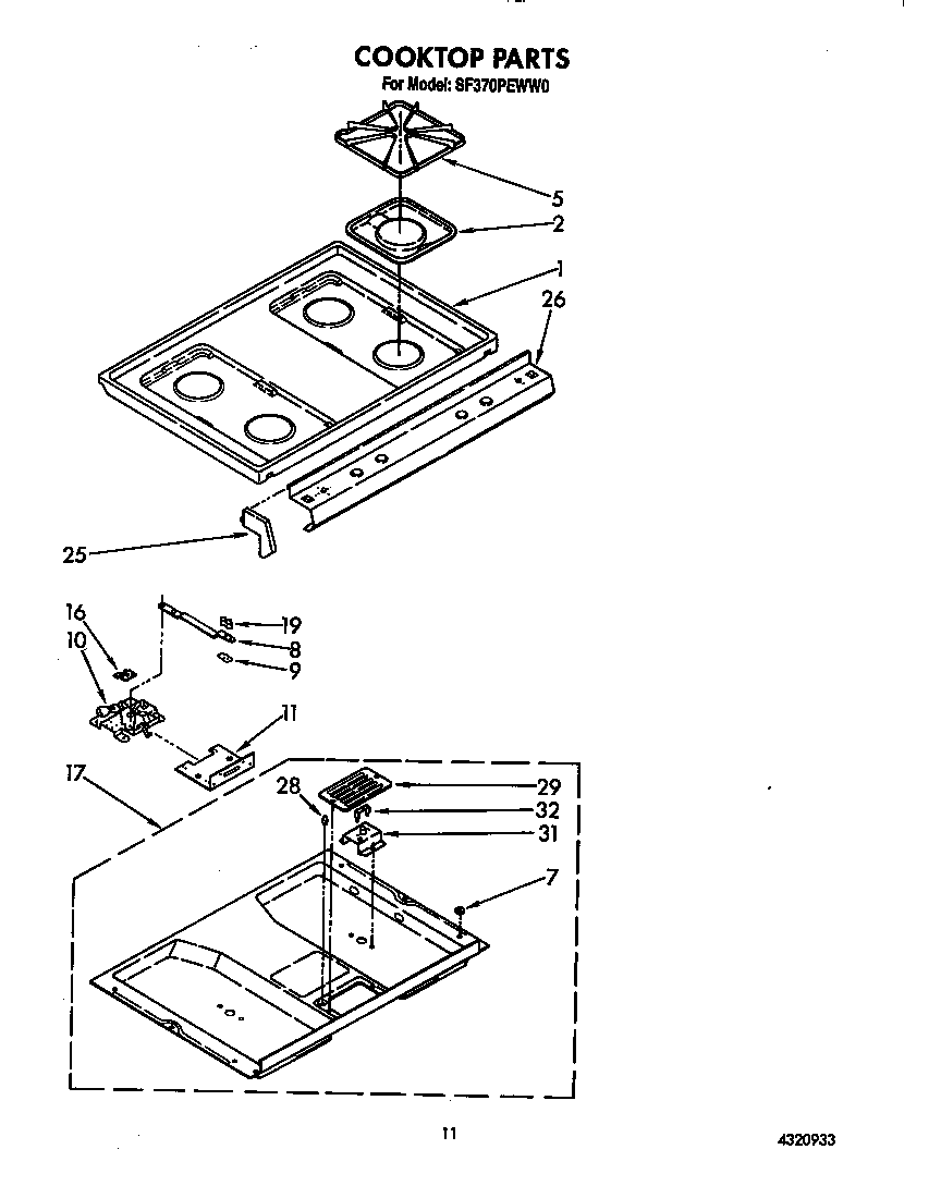 Whirlpool SF370PEWW0 cooktop diagram