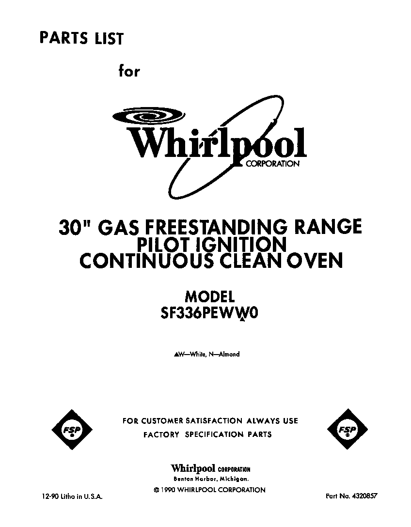 Whirlpool SF336PEWW0 front cover diagram