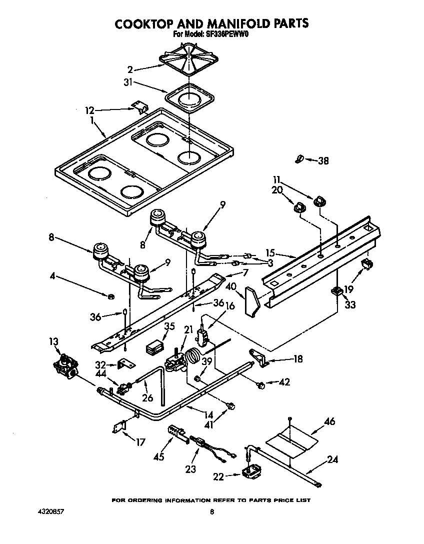 Whirlpool SF336PEWW0 cooktop and manifold diagram
