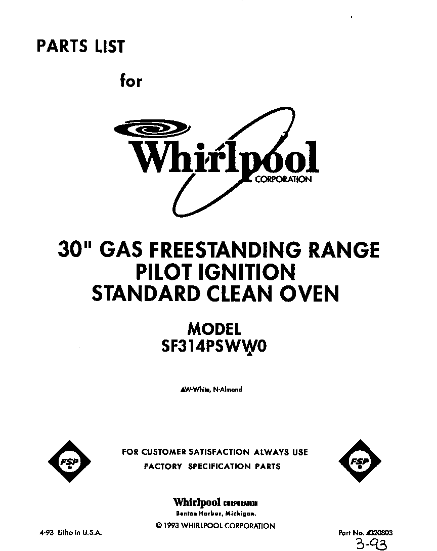 Whirlpool SF314PSWW0 front cover diagram