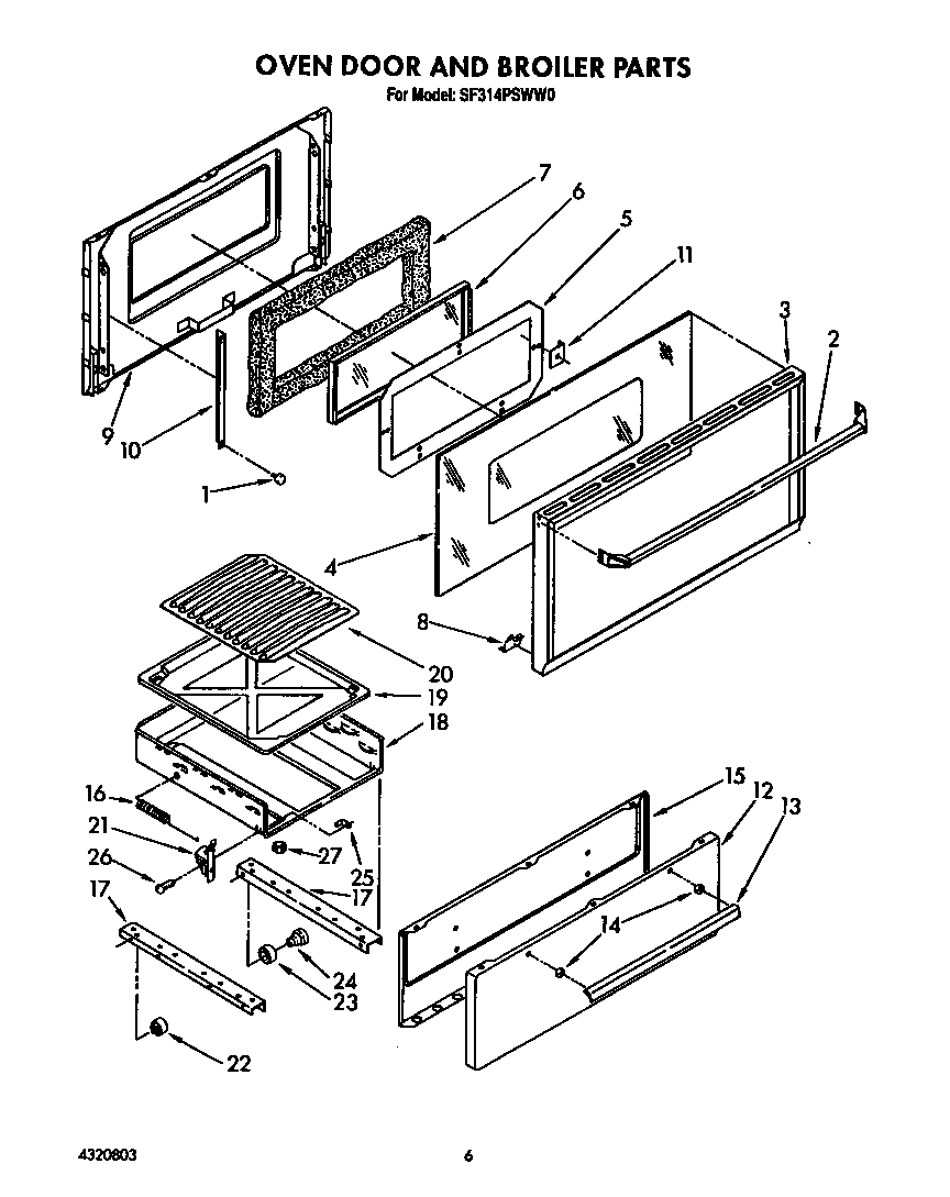 Whirlpool SF314PSWW0 oven door and broiler diagram