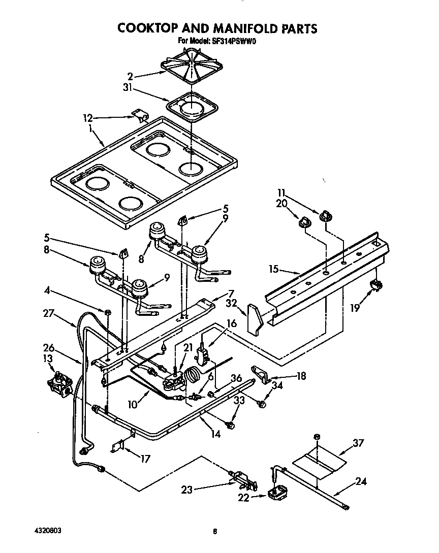 Whirlpool SF314PSWW0 cook top and manifold diagram