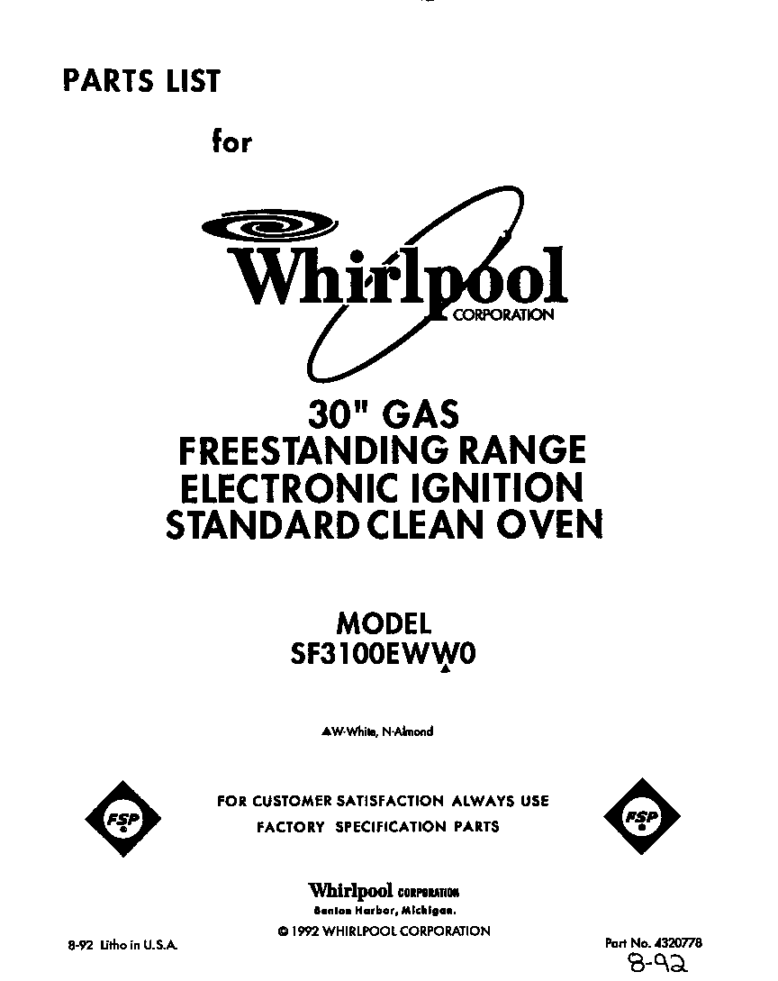 Whirlpool SF3100EWW0 front cover diagram