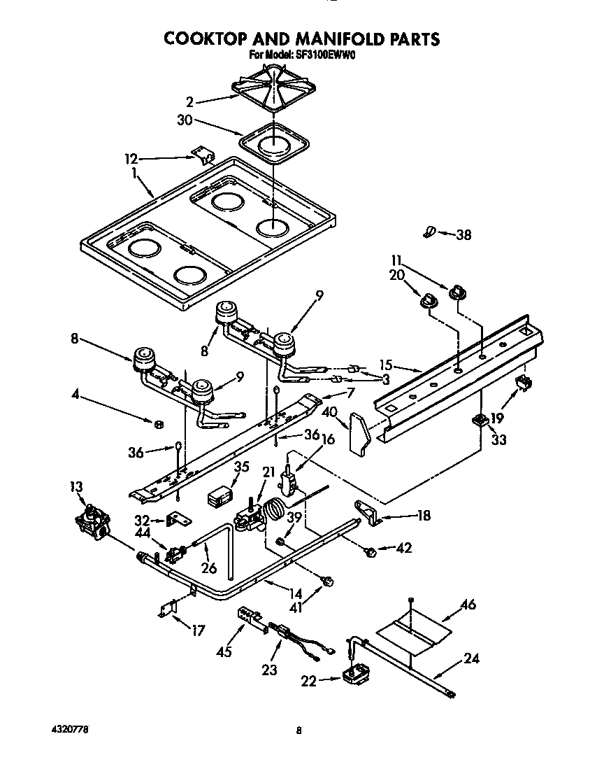 Whirlpool SF3100EWW0 cooktop and manifold diagram