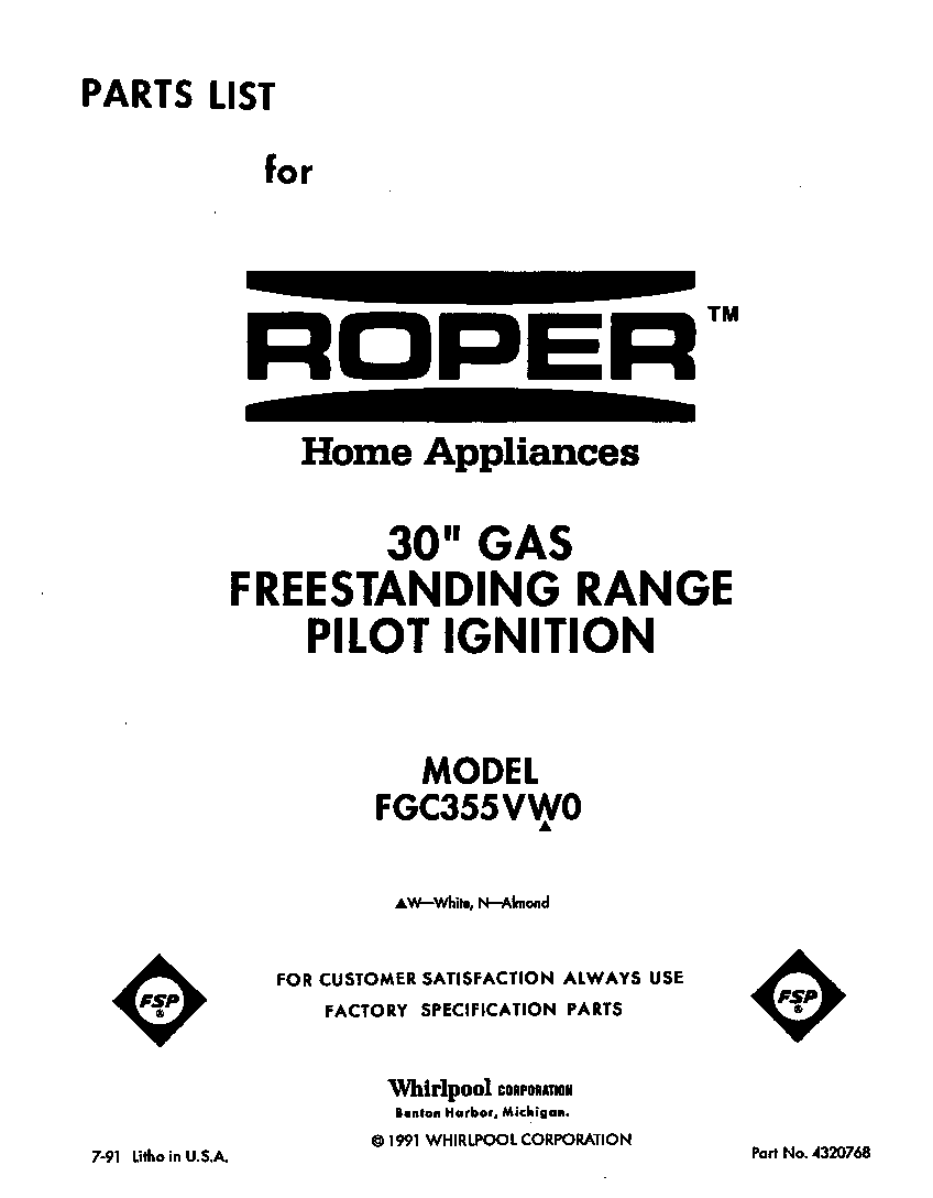 Roper FGC355VW0 front cover diagram