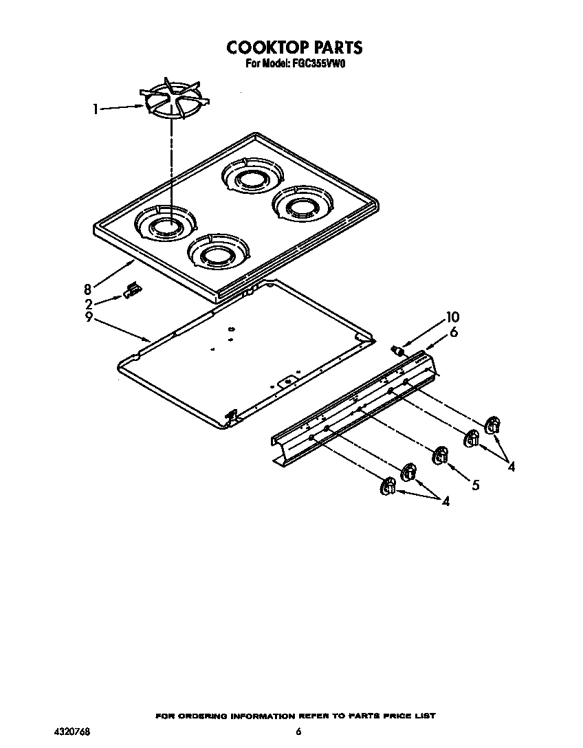 Roper FGC355VW0 cooktop diagram
