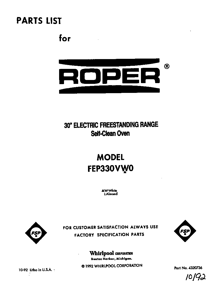 Roper FEP330VW0 front cover diagram