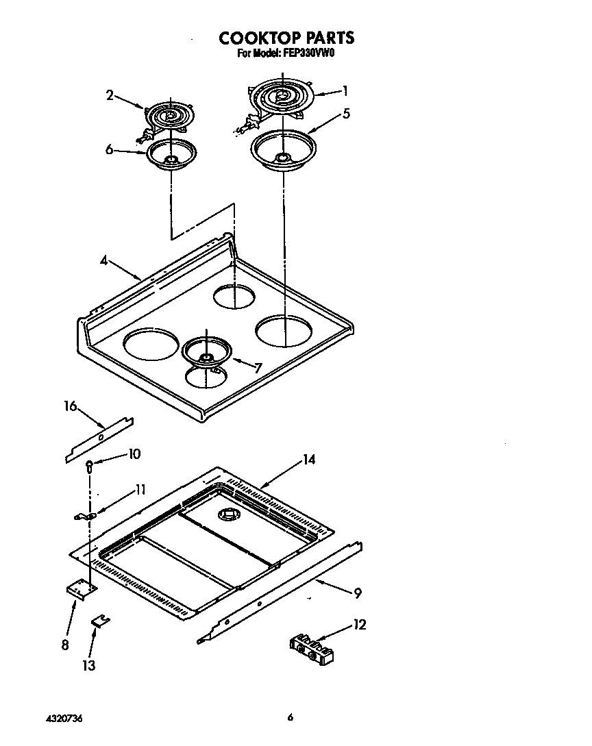 Roper FEP330VW0 cooktop diagram