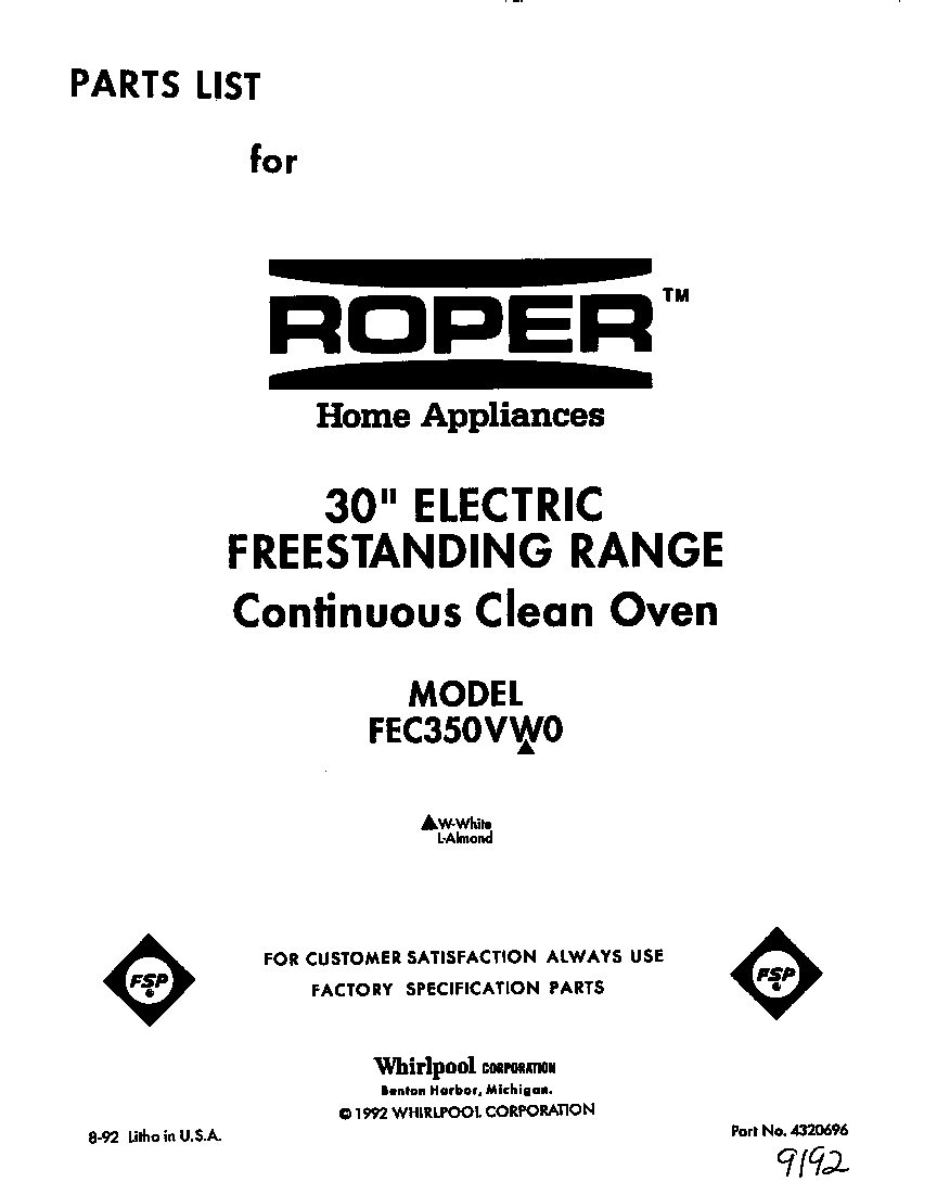 Roper FEC350VW0 front cover diagram