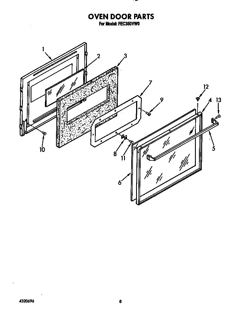 Roper FEC350VW0 oven door diagram