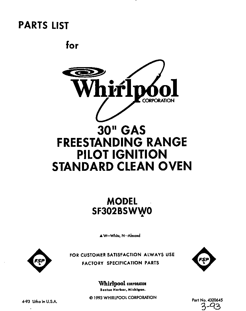 Whirlpool SF302BSWW0 front cover diagram