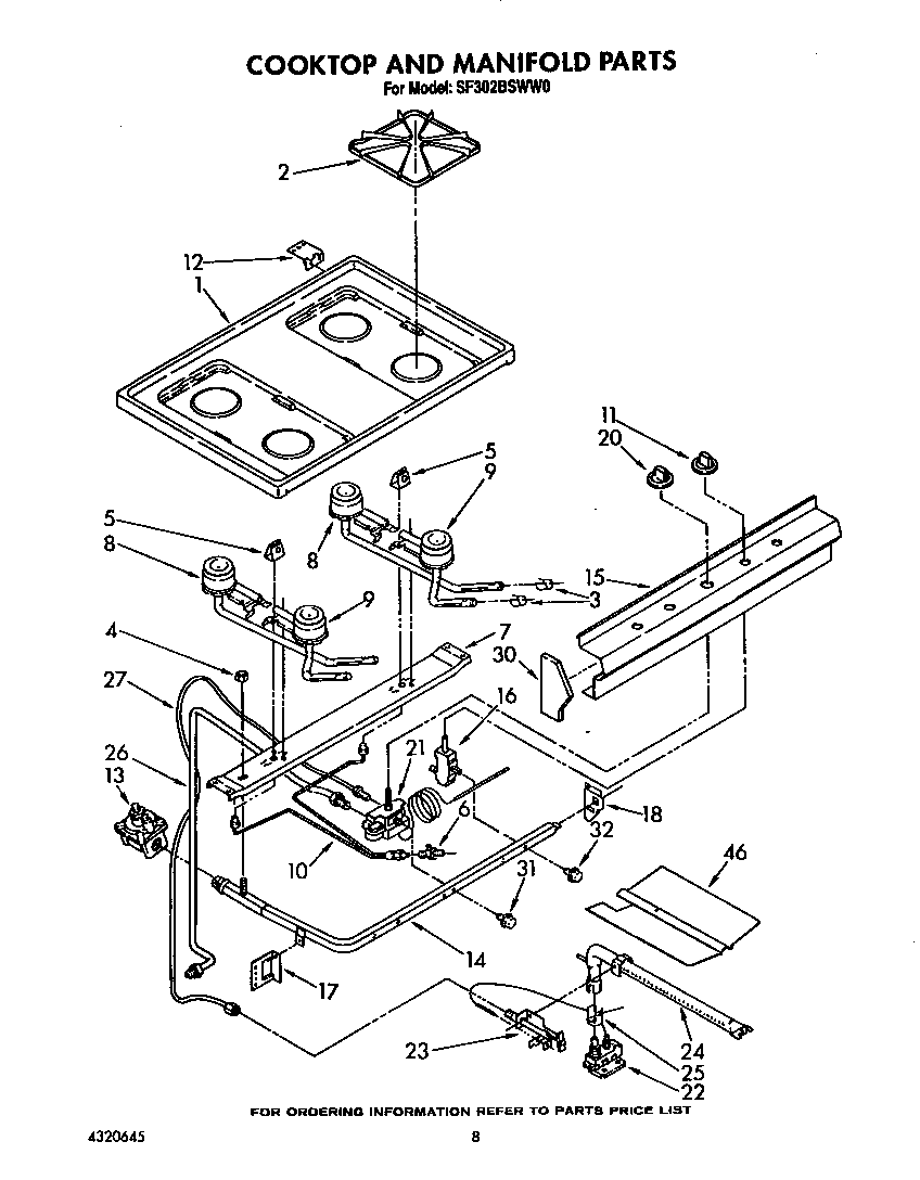 Whirlpool SF302BSWW0 cooktop and manifold diagram