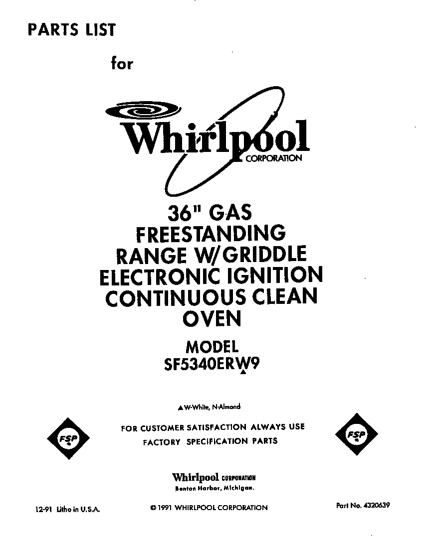 Whirlpool SF5340ERW9 front cover diagram