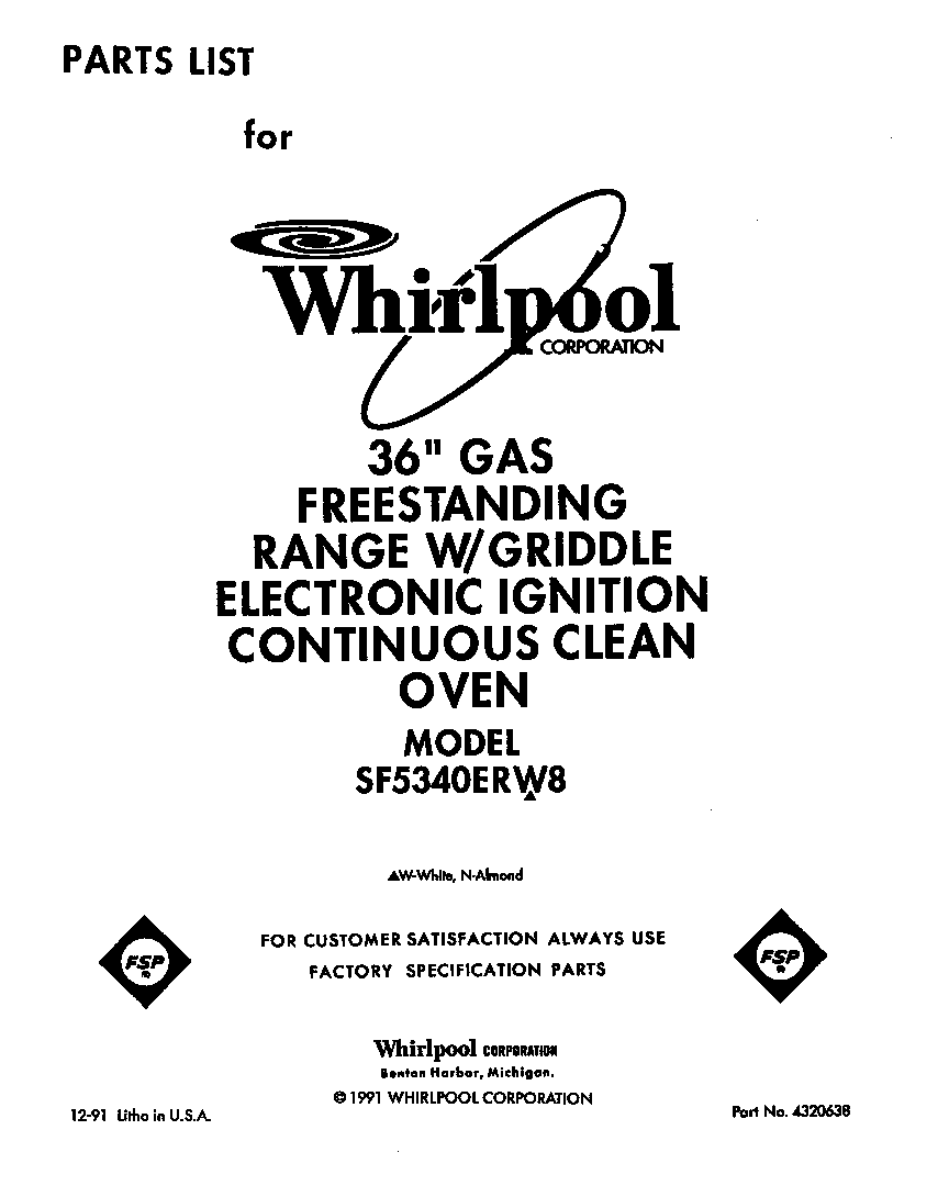 Whirlpool SF5340ERW8 front cover diagram