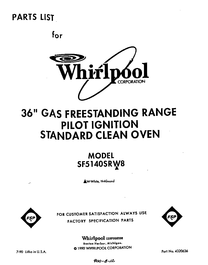 Whirlpool SF5140SRW8 front cover diagram