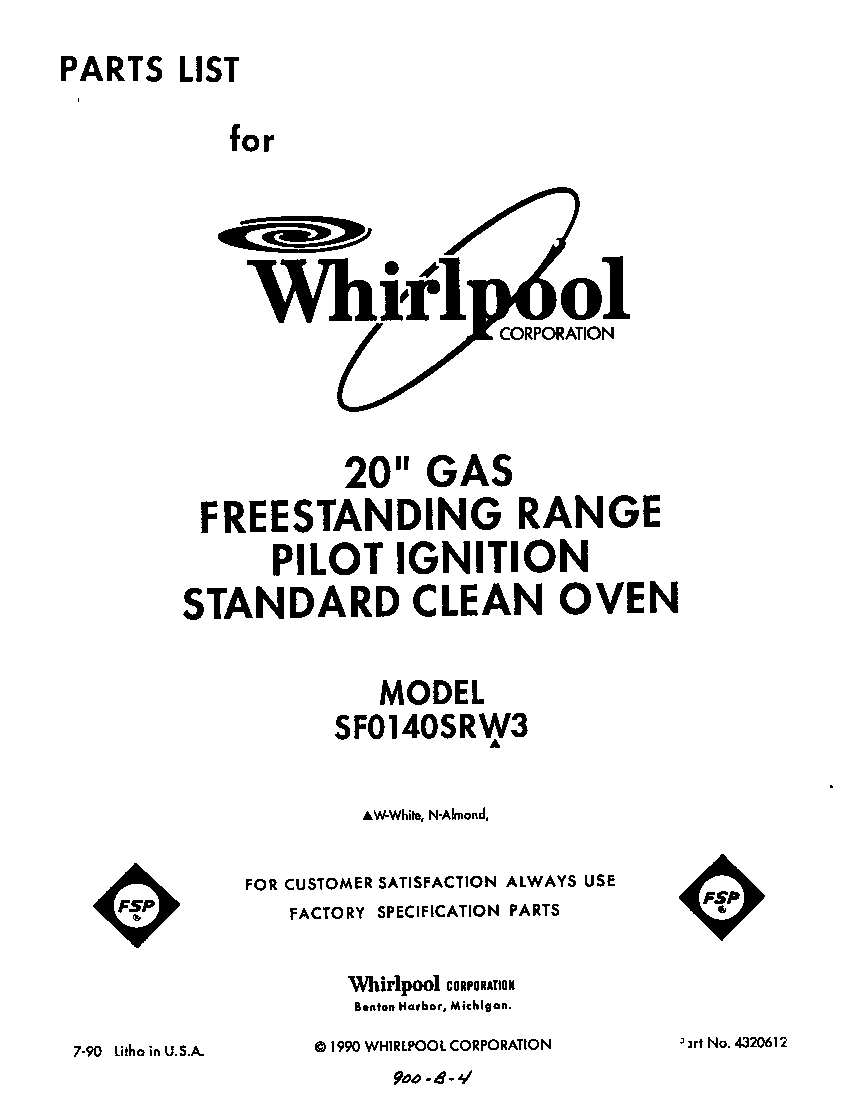Whirlpool SF0140SRW3 front cover diagram