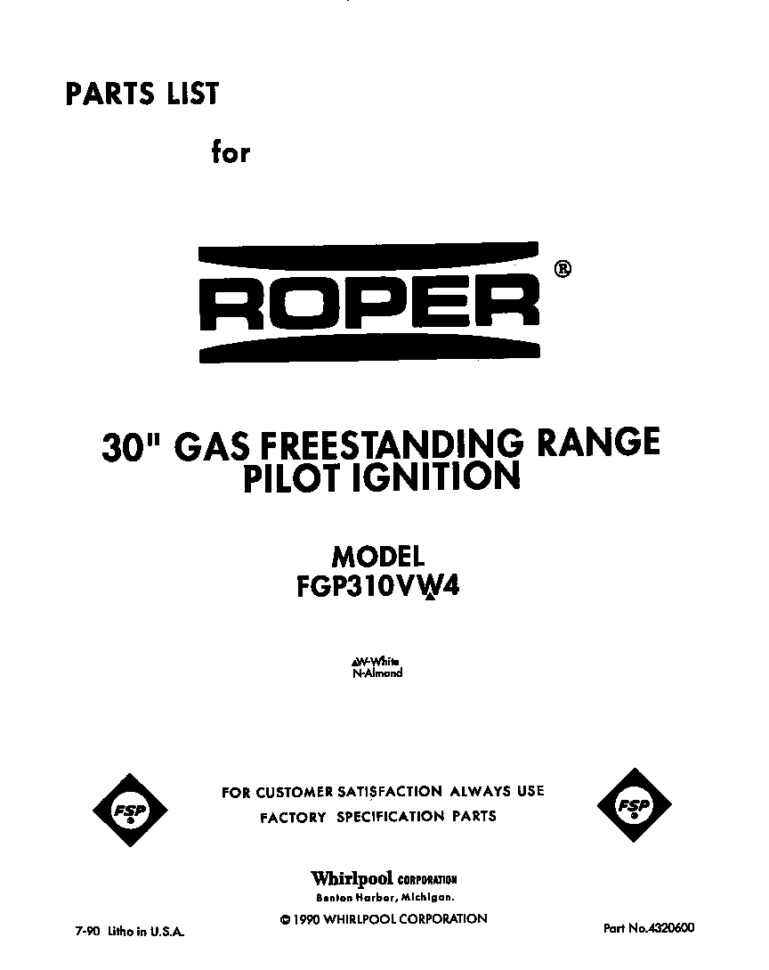 Roper FGP310VW4 front cover diagram