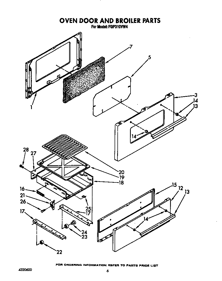 Roper FGP310VW4 oven door and broiler diagram