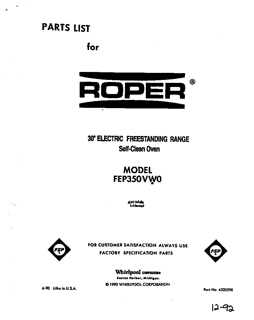 Roper FEP350VW0 front cover diagram