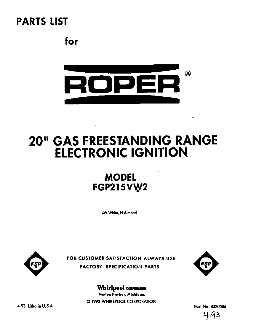 Roper FGP215VW2 front cover diagram