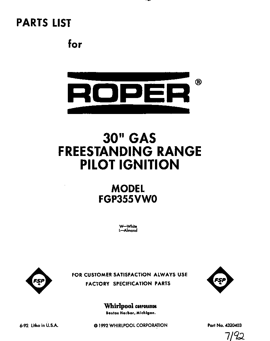 Roper FGP355VW0 front cover diagram