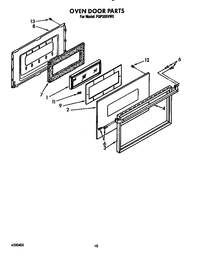 Roper FGP355VW0 oven door diagram