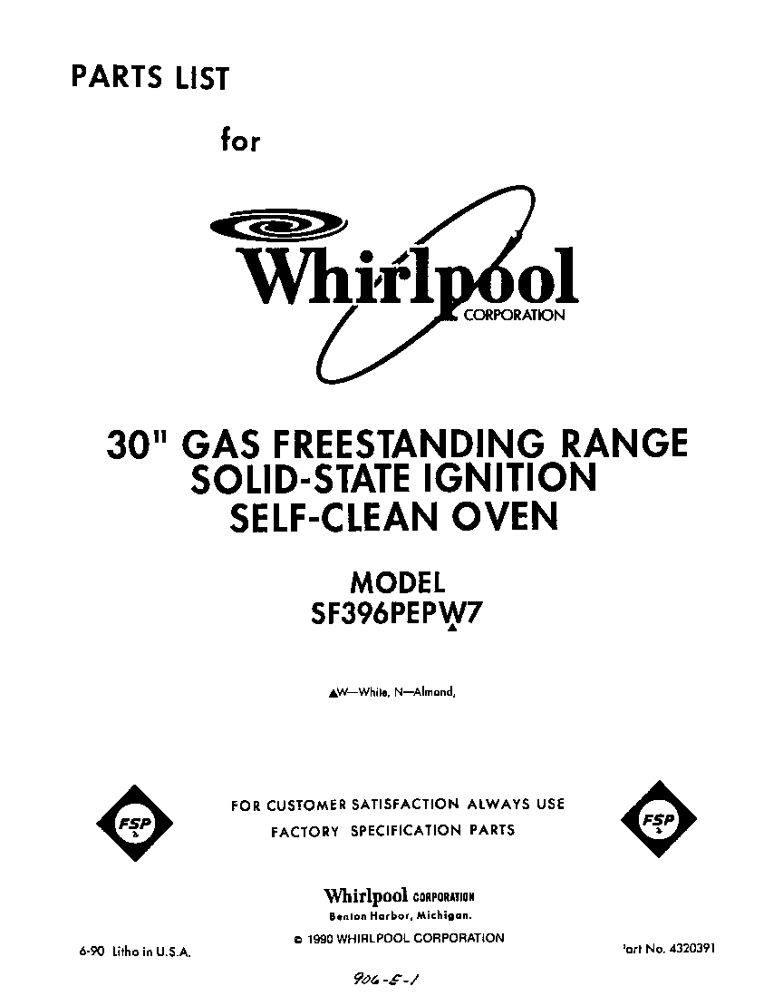 Whirlpool SF396PEPW7 front cover diagram