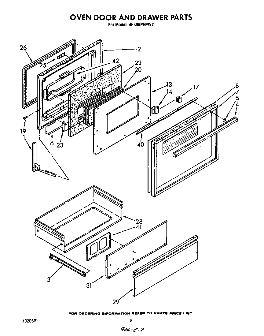 Whirlpool SF396PEPW7 oven door and drawer diagram