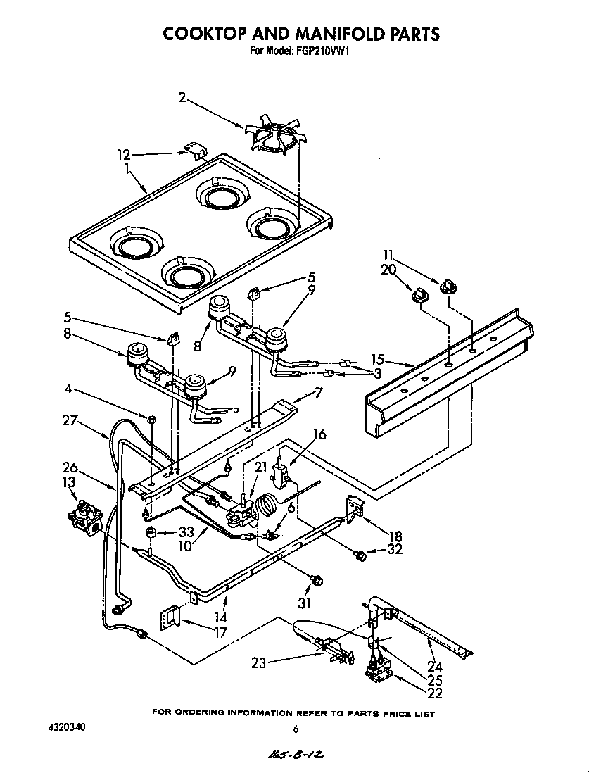 Roper FGP210VW1 cooktop and manifold diagram